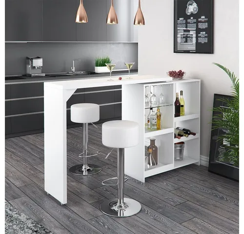VICCO Bartisch VEGA Weiß – Eleganter Bartresen mit Barhockern - Barmöbel: Hochwertiger Bartisch mit integriertem Regal, ideal für Ihre Küche, um Weinflaschen und Gewürze stilvoll zu präsentieren.