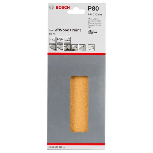Bosch Schleifblatt C470, 93 x 230 mm, 80, 8 Löcher, gespannt, 10er-Pack