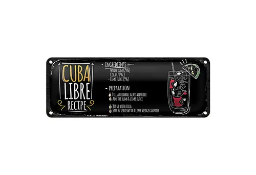 Roomando Metallschild Blechschild Rezept 27x10cm Cuba Libre Cocktail Recipe schwarzes Schild