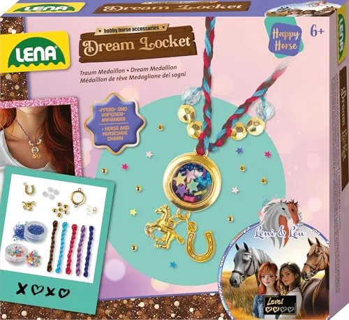 Lena Bastelset Happy Horse Dream Locket - Schmuck Set zum selber machen mit Medaillon-Kette, Pferde-Anhängern, Pailletten zum Befüllen & Shaker-Effekt, Mädchen Schmuck Set für Kinder ab 6 Jahren