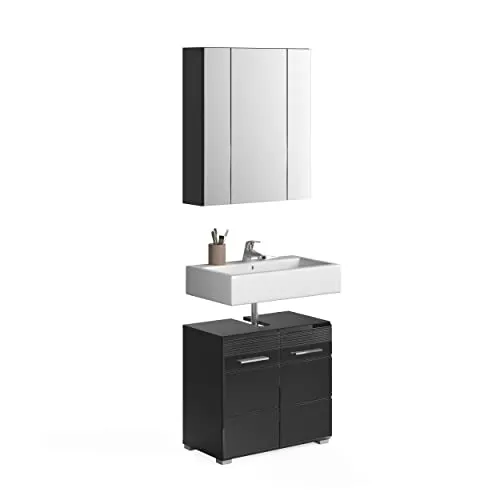 xonox.home Badezimmer-Set in Schwarz Hochglanz - 60x182x34cm - Badmöbel-Set in elegantem Schwarz Hochglanz, inklusive Waschbeckenunterschrank und Spiegelschrank, ideal für stilvolle Badezimmergestaltungen.