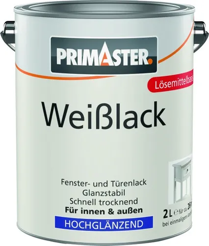 Primaster Weißlack hochglänzend 2 L - Hochwertiger Holzlack - Lacke für Holzoberflächen, wasserbasiert und schnell trocknend für ein glänzendes Finish in nur einem Anstrich.