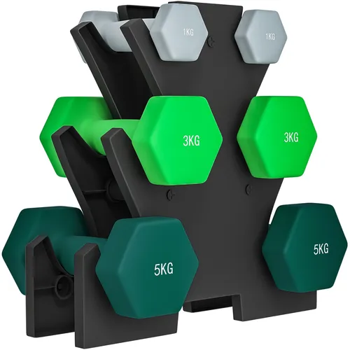 SPORTNOW Hanteln Set 6 Kurzhanteln mit Hantelständer - Hantelsets für Fitness und Gymnastik, inklusive 2 x 1kg, 2 x 3kg, 2 x 5kg Gewichten. Das hexagonale Design verhindert das Wegrollen und ermöglicht sicheres Training. Platzsparendes Gestell für Ihr Zuhause.