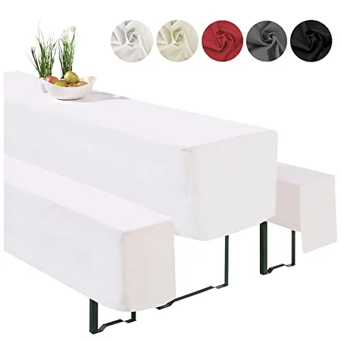 heimtexland ® Hussen Set 3-teilig für Bierzeltgarnitur - Hussen-Set in Weiß für 50x220 cm Tisch, bestehend aus Tisch- und Bankhussen, aus strapazierfähigem Gewebe, pflegeleicht und ideal für Feste und Gartenpartys.
