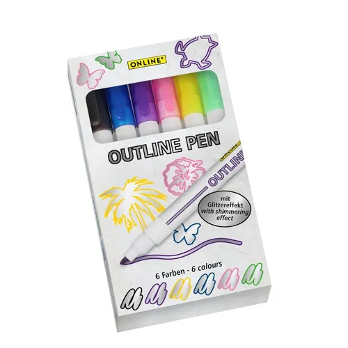 Produktbild ONLINE Outline Pen silber mit farbigem Rand Glitzereffekt, 6er Set