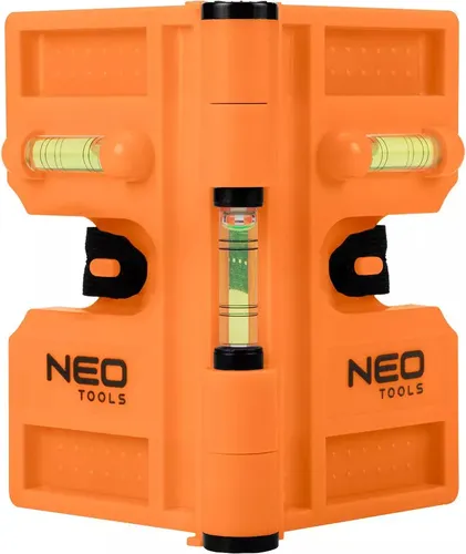 NEO TOOLS Pfostenwasserwaage, mobil, 3 Libellen, 4 Magnete, verstellbar von 15 - 180°, aus robustem Kunststoff, Arbeitslänge von 209 mm