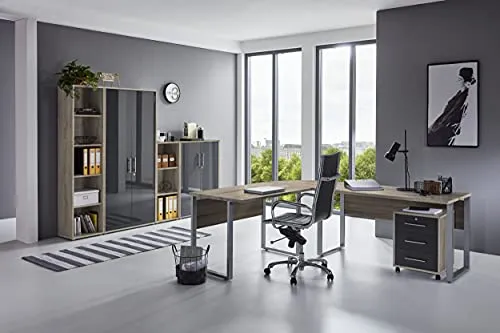 Büromöbel komplett Set Office Edition in Eiche Sonoma/Anthrazit - Komplettprogramm für Arbeitszimmer mit Winkelschreibtisch, abschließbarem Rollcontainer und hohem Aktenschrank. Hochglanz lackiert, Made in Germany, ideal für stilvolles Arbeiten.
