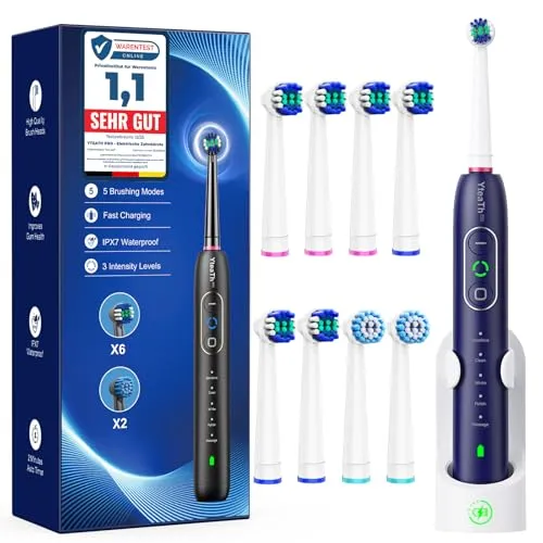 Rotierende Elektrische Zahnbürste für Erwachsene und Kinder mit 8 Aufsteckbürste (2 Typen), 3 Intensitäten, 5 Modi, Electric Toothbrush mit Wandhalterung Ladestation (Blau)