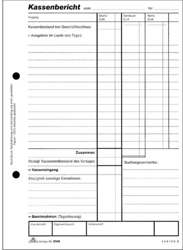 RNKVERLAG 3146 - Kassenbericht mit Vorsteuererfassung, 50 Blatt im praktischen DIN A5 Format für einfache Kassenführung