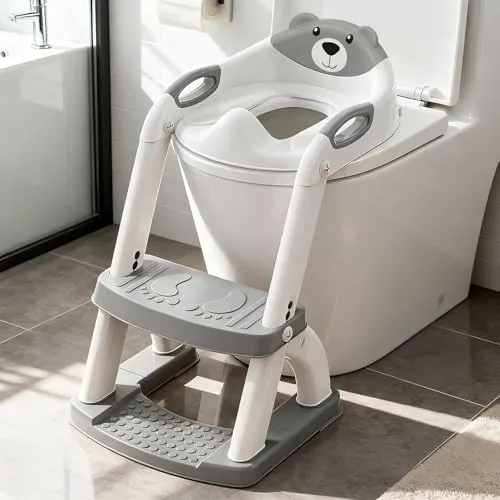 SKYROKU 2 in 1 Wc Treppe Kinder mit Toilettensitz 2-7 Jahre Upgraded Stabil bis 90kg PP(BPA-frei) Wc Sitz Brille Toiletten Aufsatz Rutschfestes für Familie Kita Erstausstattung 5-stufig(8898-Grau)