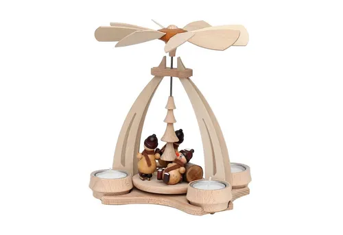 Dekohelden24 Weihnachtspyramide Pyramide aus Buchenholz mit Schneemannfiguren, ca. 24 cm