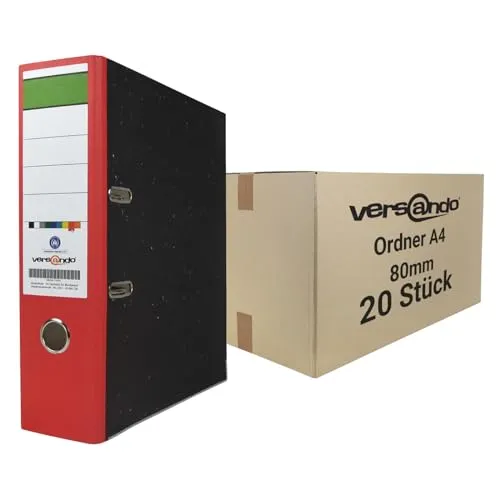 versando 20x breiter Premium Ordner DIN A4 Rücken 8cm Aktenordner Ringordner - Blauer Engel zertifiziert - rot (1 Karton)