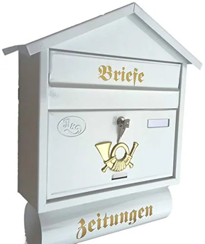 Naturholz-Schreinermeister Großer Briefkasten/Postkasten XXL Weiß mit Zeitungsrolle Zeitungsfach Spitzdach Zeitungsrohr