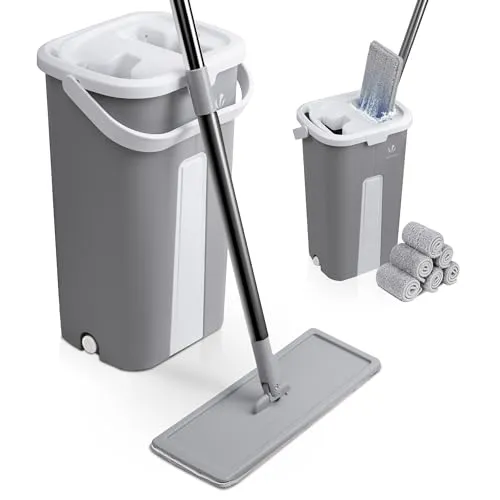 VOUNOT Wischmopp Set mit Eimer - Komplettes Putzset mit innovativem 2-Kammer-Eimer und 360° drehbarem Moppkopf für mühelose Reinigung aller Bodenarten. Inklusive 6 wiederverwendbarer Mikrofaser-Wischpads für langanhaltende Nutzung.