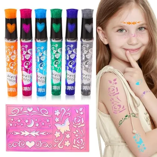 Stück Glitzer Tattoo Set, Tattoo Stifte, Tattoo Stifte mit Aufkleber Schablone, Perfekt für Mädchen und Jungen, Geburtstagsfeiern, Karneval und Weihnachten 6