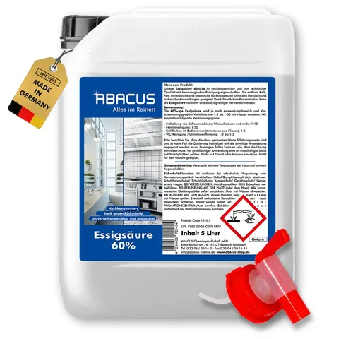 ABACUS Essigsäure 60% - Hochkonzentrierter Essigreiniger für Haushalt und Garten - Hochkonzentriertes Reinigungsmittel für Haushalt, Garten und Industrie. Effektiv gegen Kalk und Fett, umweltfreundlich und individuell verdünnbar. Ideal für professionelle Anwendungen und große Flächen.