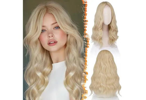 LuxusKollektion Kunsthaarperücke 46cm blonde gewellte Perücke Schulterlänge Locken mittiger Scheitel