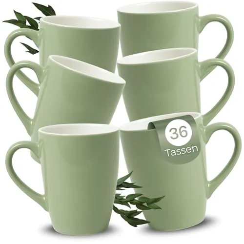 Kaffeetassen 36er Set aus Keramik 340ml - Teetassen Set in Salbei, Kaffeebecher Spülmaschinenfest