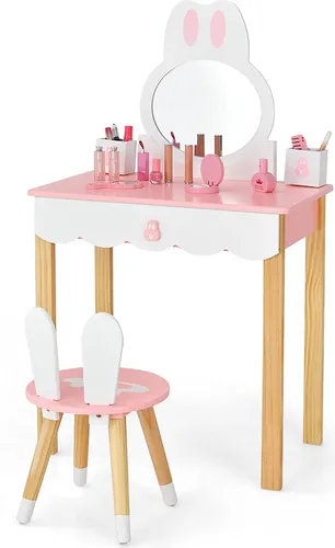 GOPLUS Kinder Schminktisch mit Spiegel, Kosmetiktisch mit Hocker, Frisiertisch mit großen Schubladen, Frisierkommode, Schminkkommode