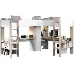 Parisot Hochbett Alex – Eck-Hochbett mit 2 Kinderbetten, Schrank und Schreibtisch - Hochbett für Kinder, platzsparend mit 2 Liegeflächen (90 x 200 cm), integrierten Schreibtischen und Schrank. Kein Lattenrost erforderlich, ideal für kreative Raumgestaltung.