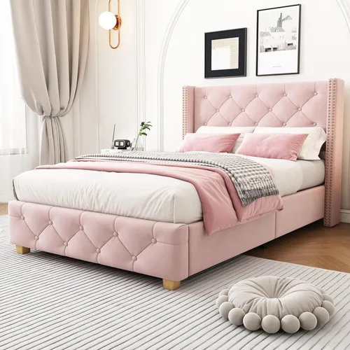 Polsterbett 90x200 cm mit Lattenrost und Kopfteil, Rosa