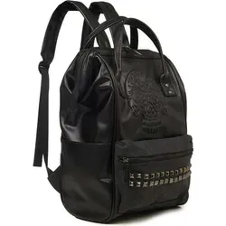 Banned Alternative Rucksack Uni Androginy schwarz - Stylischer Rucksack für Uni und Freizeit, aus schwarzem Kunstleder mit Totenkopf-Design. Bietet viel Stauraum, verstellbare Gurte und zahlreiche Fächer für optimale Organisation.