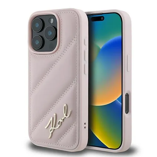 Karl Lagerfeld KLHCP16XPQDSMGP iPhone 16 Pro Max Hülle - Stylische Hartschalenhülle in Rosa mit diagonal gestepptem Design, perfekt für den Schutz und die Aufwertung Ihres iPhone 16 Pro Max.