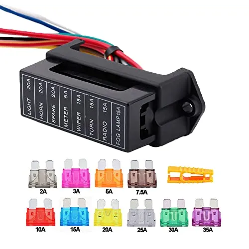 Aiqeer 8-Fach KFZ Sicherungskasten, 2 Eingang 8 Ausgang Flachsicherungsblock, KFZ Sicherungshalter mit Vorverkabelt, und 10 Stück Standard Flachsicherung (12V / 24V / 32V / 48V Universal)