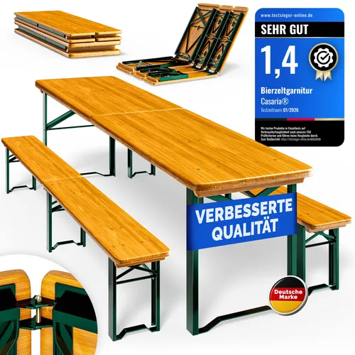 Bierzeltgarnitur 220cm klappbar für 10 Personen - Stabil und Wetterfest - Genießen Sie gesellige Stunden im Freien mit der klappbaren Bierzeltgarnitur von CASARIA®. Platz für 10 Personen, robustes Tannenholz und pulverbeschichtetes Stahlgestell sorgen für Stabilität und Langlebigkeit.