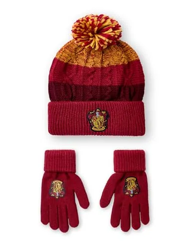 Harry Potter Kinder-Beanie-Mütze und Handschuhe-Set | Unisex Rot-Gelb gestrickte Wintermütze mit Gryffindor-Wappen | Bommelmütze in Einheitsgröße mit Handschuhen für kaltes Wetter für Jungen