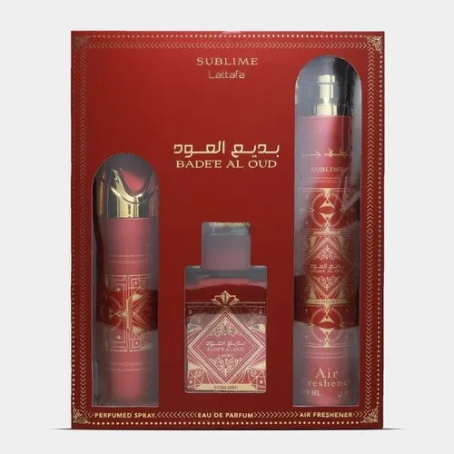 Lattafa Badee Al Oud Sublime Geschenkset Eau de Parfum - Luxuriöses Eau de Parfum Geschenkset für Damen mit 100ml EDP, 200ml Deospray und 300ml Raumspray, vereint fruchtige und holzige Noten für einen eleganten Duft.