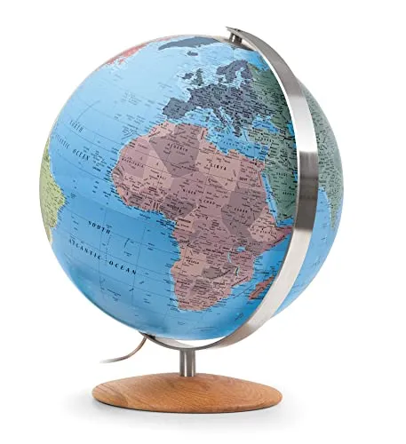 CTN 3702: Handkaschierter Leuchtglobus 37 cm Durchm., moderne politische Kartografie, Meridian Edelstahl, Holzfuß Eiche (Klassischer Globus)