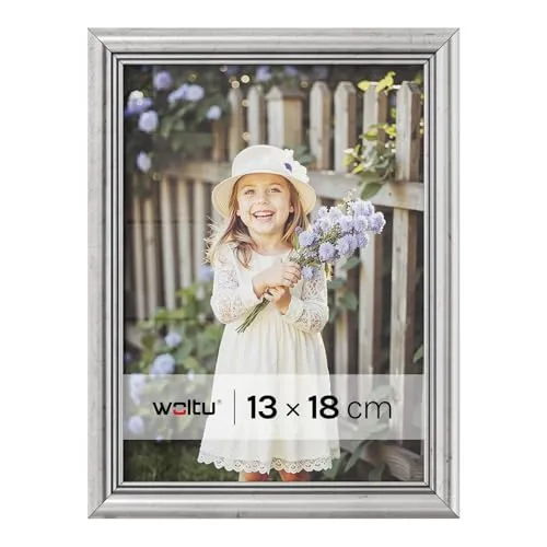 WOLTU Bilderrahmen 13x18, Fotorahmen aus Massivholz und PS-Platte, Holzrahmen mit Passepartout, zum vertikalen oder horizontalen Aufhängen/Aufstellen, Posterrahmen Collage Wanddeko, Silber
