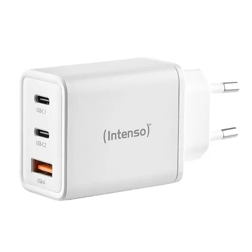 Intenso W65ACC GaN Ladeadapter 65W - Weiß - Handy Ladegeräte mit 65W Leistung, ausgestattet mit 2x USB-C und 1x USB-A Anschluss. Dank innovativer GaN-Technologie klein, kompakt und energieeffizient für schnelles Laden deiner Geräte.