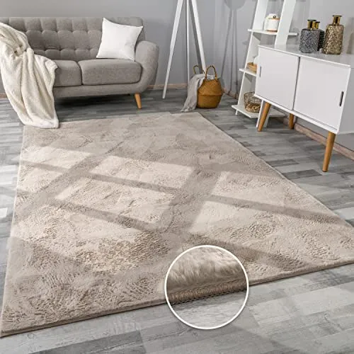 Paco Home Teppich Wohnzimmer Kunstfell weich waschbar modern elegant pflegeleicht Felloptik Uni Seidenglanz flauschig Kurzflor, Grösse:60x90 cm, Farbe:Beige