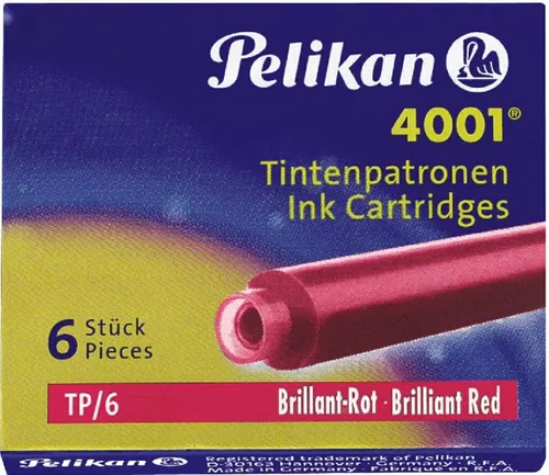 Pelikan Füllhalter Tintenpatrone 4001 brilliant-rot - Schreibutensilien, hochwertige Standardpatrone in brillant-rot, ideal für ein gleichmäßiges und flüssiges Schreiben, 6 Stück im praktischen Etui.