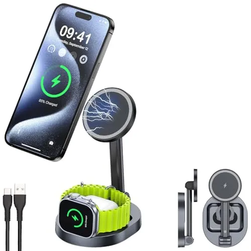 Callstel Induktion Lade-Ständer: Faltbare 3in1-MagSafe-Ladestation für iPhone, Apple Watch und AirPods (iPhone MagSafe Charger Stand, Dockstation, Kopfhörer Adapter)
