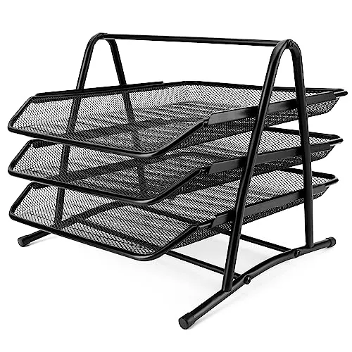 Belle Vous Dekotablett - Schwarze Mesh Ablage für Büro und Schule - Dekotabletts: 3-stufige schwarze Mesh-Dokumentenablage aus robustem Metall, ideal für Ordnung und schnellen Zugriff auf A4-Dokumente. Perfekt für Büro, Schule oder Zuhause.