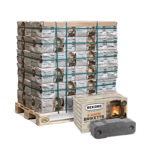 REKORD® Braunkohle Kamin- & Ofen Briketts 10kg | 900kg Palette - Brennstoffe mit einer langen Brenndauer von 6-8 Stunden, umweltschonend und hochwertig, ideal für effizientes Heizen in Kamin und Ofen.