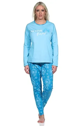 Normann Verspielter Damen Pyjama lang, Schlafanzug mit floralem Muster, Farbe:hellblau, Größe:36-38