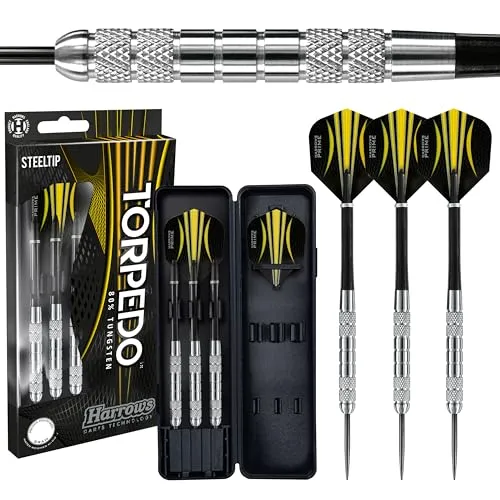 Harrows Torpedo 80% Tungsten Darts | Steel Tip Darts Set mit Tragetasche | 21g, 22g, 23g, 24g, 25g, 26g & 27g | Beinhaltet Schwarze Nylonschäfte & 100 Micron Prime Flights