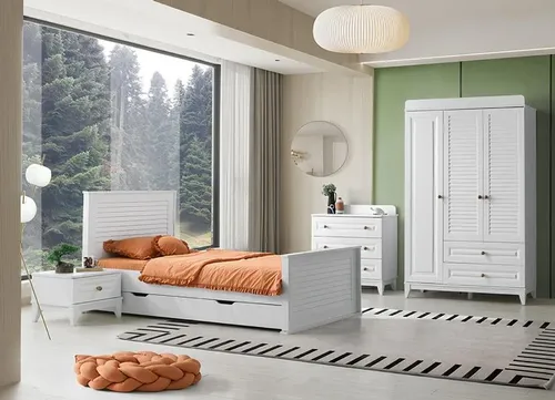 Kinderzimmer Set 4tlg. Bett, Nachttisch, Kommode, Kleiderschrank - Stylisches 4-teiliges Set für das Kinderzimmer, bestehend aus Bett, Nachttisch, Kommode und Kleiderschrank. Modernes Design in Weiß, ideal für die Gestaltung eines gemütlichen Schlafraums.