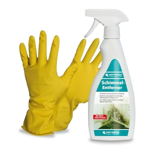 HOTREGA Schimmelentferner 500 ml | Schimmelspray zur Beseitigung von Stockflecken | Für Bad, Küche, Keller & Silikonfugen | inkl. Handschuhe Gr. 10
