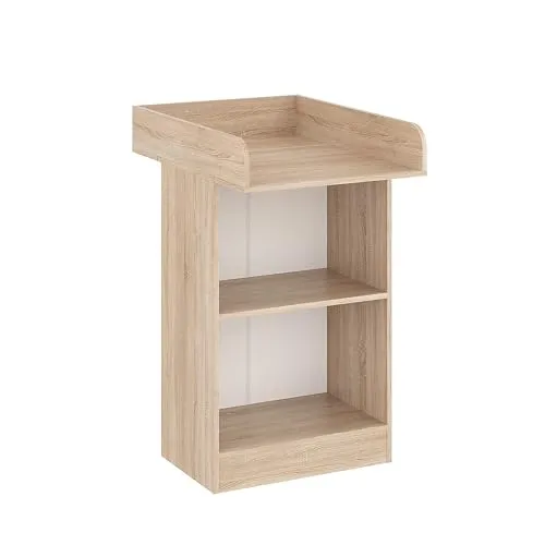 KOMTO Wickelkommode Sonoma Eiche - Schmaler Wickeltisch mit abnehmbarem Aufsatz - Wickeltische & -kommoden: Diese kompakte Wickelkommode aus robustem Holzwerkstoff bietet offene Regale für schnellen Zugriff auf Babyutensilien und eignet sich perfekt für kleine Räume.