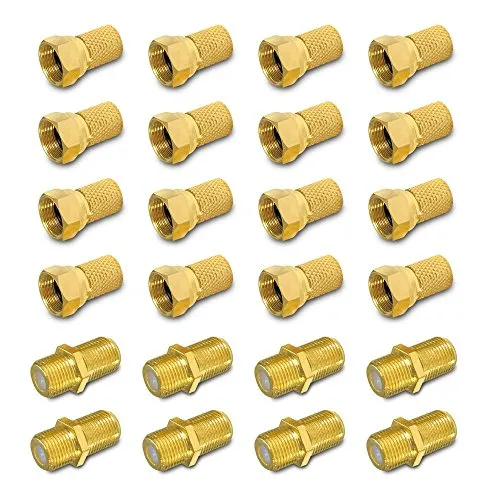 ARLI 16x F-Stecker 7 – 7,4 mm + 8x F-Verbinder vergoldet – Stecker Verbinder Set für Koaxialkabel Sat TV Antenne mit breiter Mutter & Dichtring