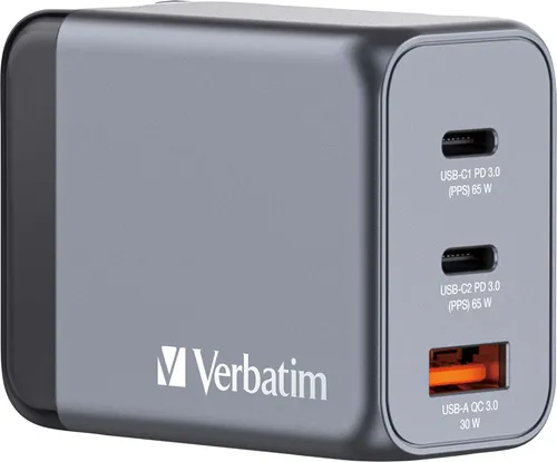 Verbatim GaN Charger 65 W - 3 Ports USB-C Ladegerät mit 2x USB-C und 1x USB-A, Schnellladung für mehrere Geräte und ideal für Reisen