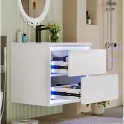 Waschbeckenunterschrank Hängend Modern 60x46x50 Cm Weiß Lackiert Aus Mdf Mit Keramik-waschbecken, 2 Schubladen Und Led-sensorlicht