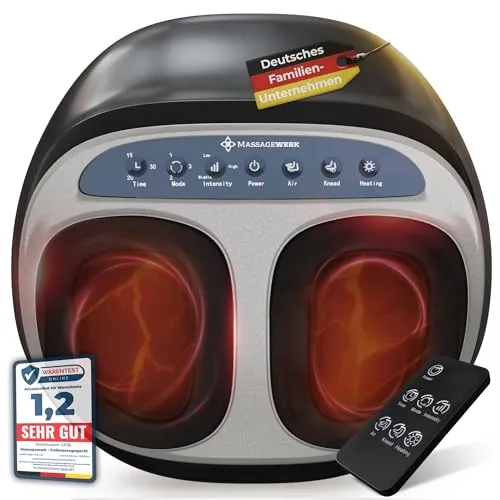 MASSAGEWERK® Premium Fußmassagegerät Elektrisch | EMS Fußmassagegerät mit Shiatsu, Vibration und Heizfunktion | Verbesserte Durchblutung, Schmerzlinderung bei Fersensporn und Neuropathie bis Größe 45