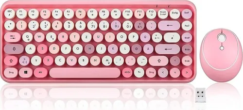 Perixx PERIDUO-713 DE, Mini Tastatur und Maus Set, Retro Vintage Design, rosa