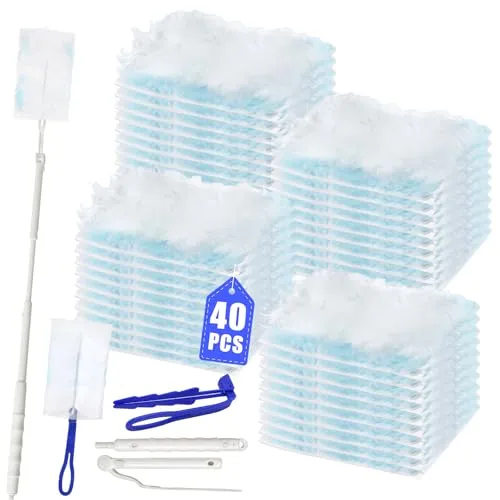Stück Staubmagnet Nachfüllpack Set mit 1 Langstielige Teleskopstange und 1 Kurzstielige Stange, Staubwedel Duster Tücher, zur Reinigen von Tierhaare, Schmutz, Staub 42